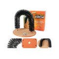 White plastic arched cat grooming toy with built-in brush bristles for scratching and rubbing.