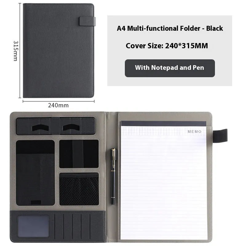 Leather A4 business folder in black colour showing pen holder and notepad configuration