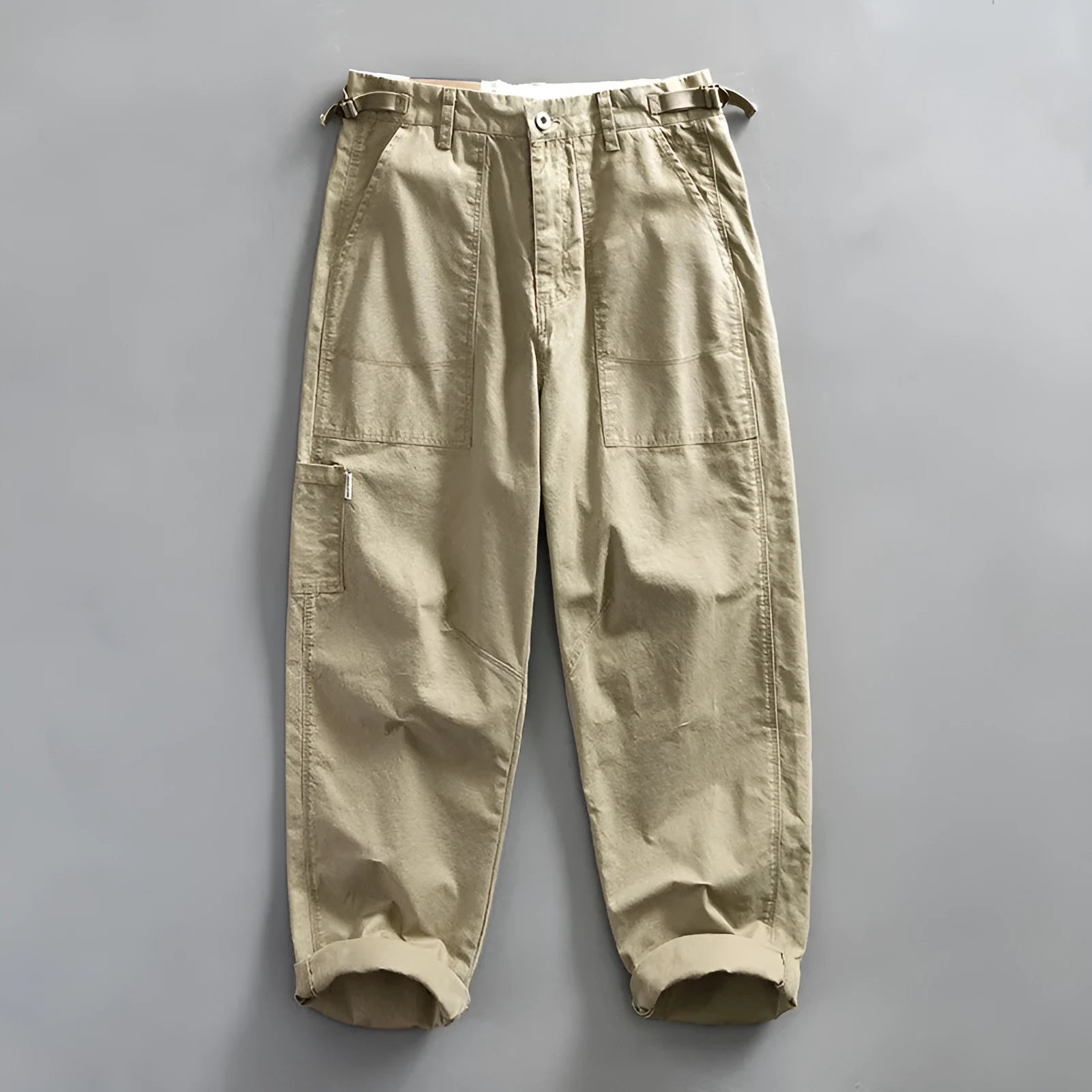 Young men's cotton straight-leg workwear casual trousers in apricot, brown, and army green, sizes 29 to 38