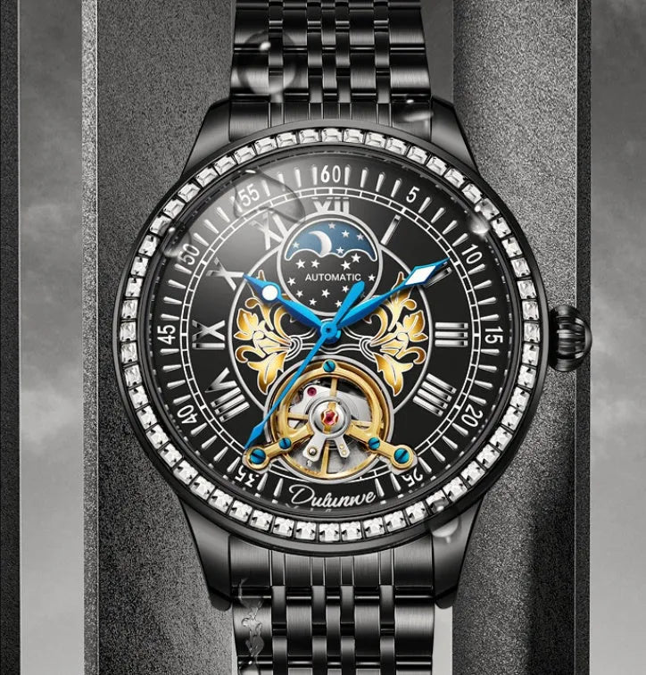 Men's stainless steel waterproof mechanical watch with round dial and butterfly clasp on wrist