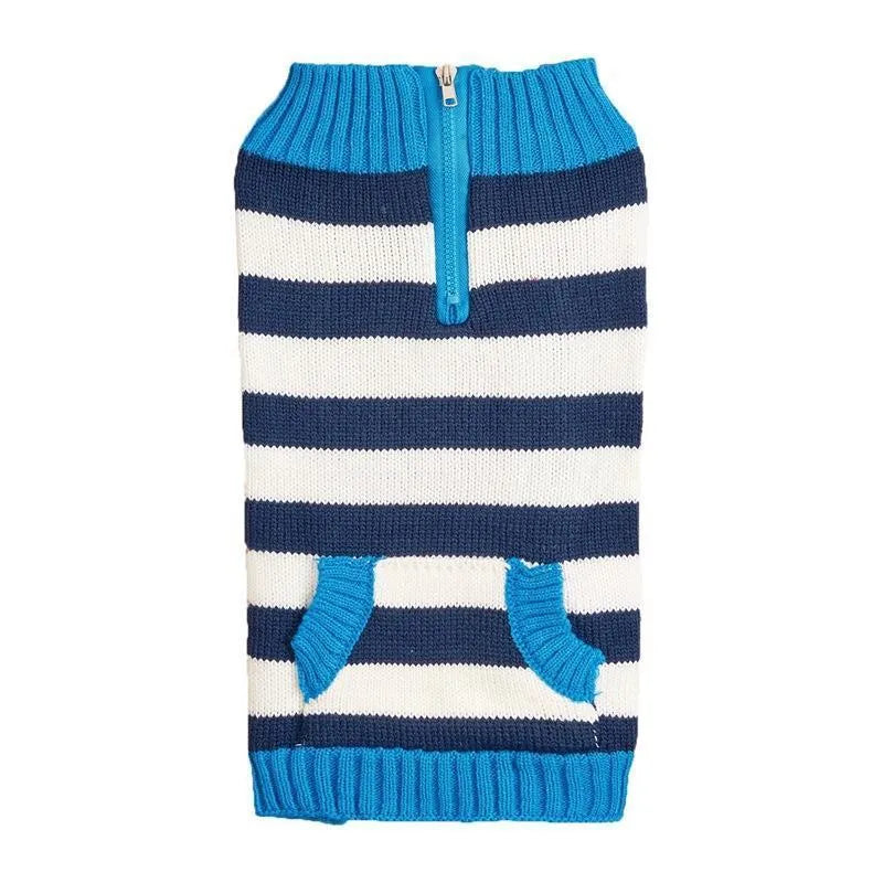 Grey dog sweater with blue horizontal zipper and button pocket on small breed dog