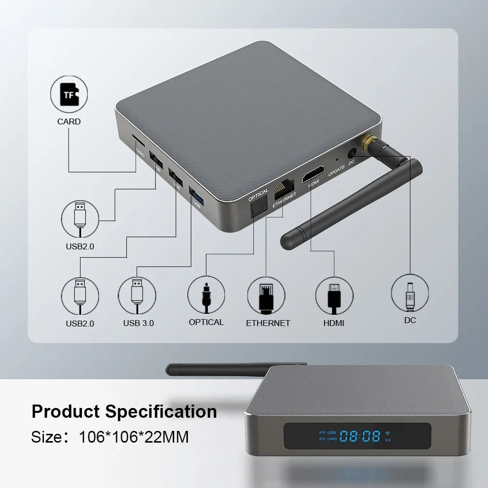 Android TV box with 8K output, Bluetooth, and multiple storage options