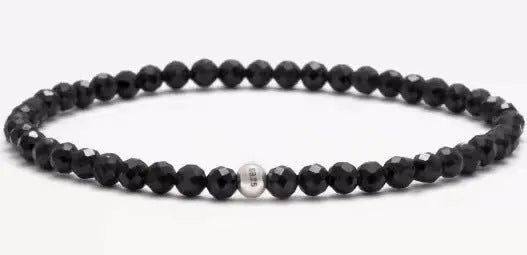 Unisex geometric agate bracelet with 4mm electroplated beads in obsidian black and blue san colours