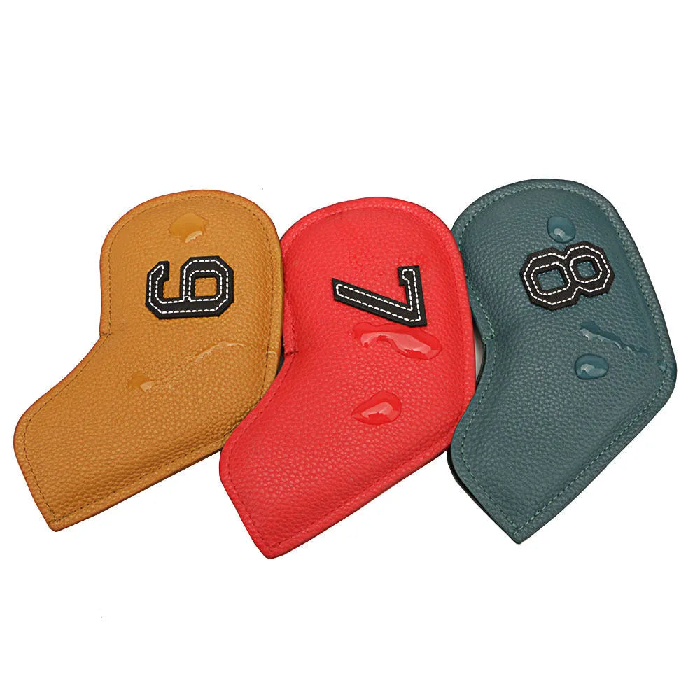 Set of 10 minimal print golf club head caps in multiple colours made from PU material