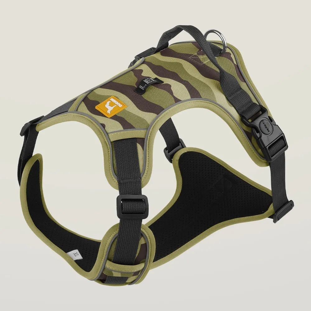 Orange reflective dog harness and lead with a chest and back design for secure walking control.