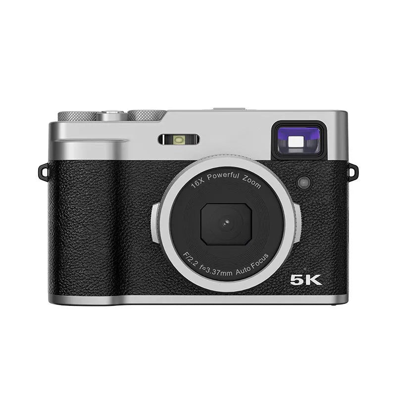 Black 5K digital compact camera with dual lenses and optical viewfinder on a 2.88-inch screen