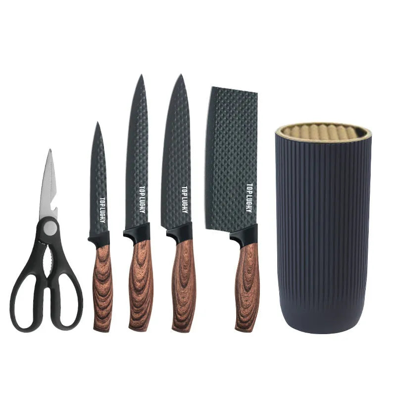 Five-piece kitchen knife set with khaki style wood grain handles and stainless steel non-stick blades