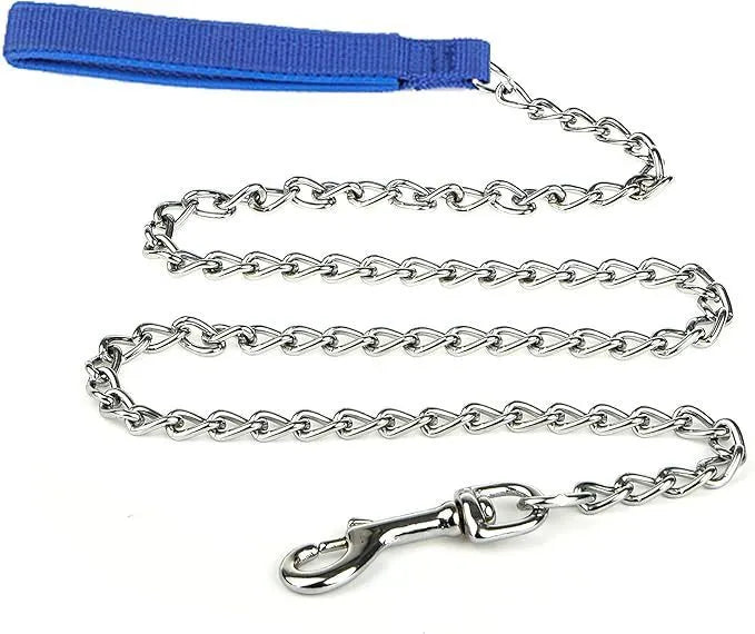 Heavy duty metal dog leash with soft black padded handle and silver chain, shown with a large dog collar clip.