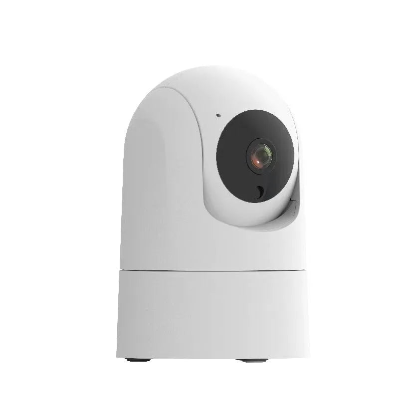 White indoor security camera with lens on a stand, showing compact design.