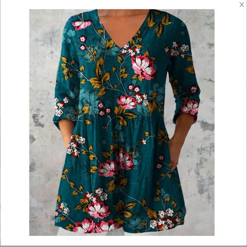 Women's printed wave pattern loose dress with 3/4 sleeves and wide waist design in various colour options