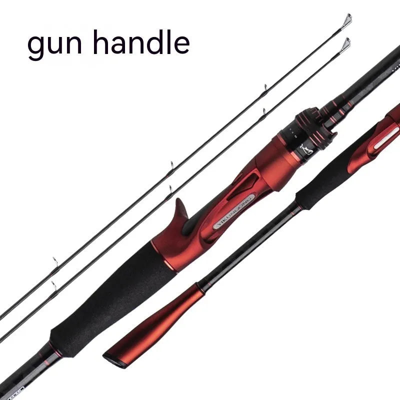 Carbon fibre fishing rod showing straight handle and pikestaff style options for lure fishing.