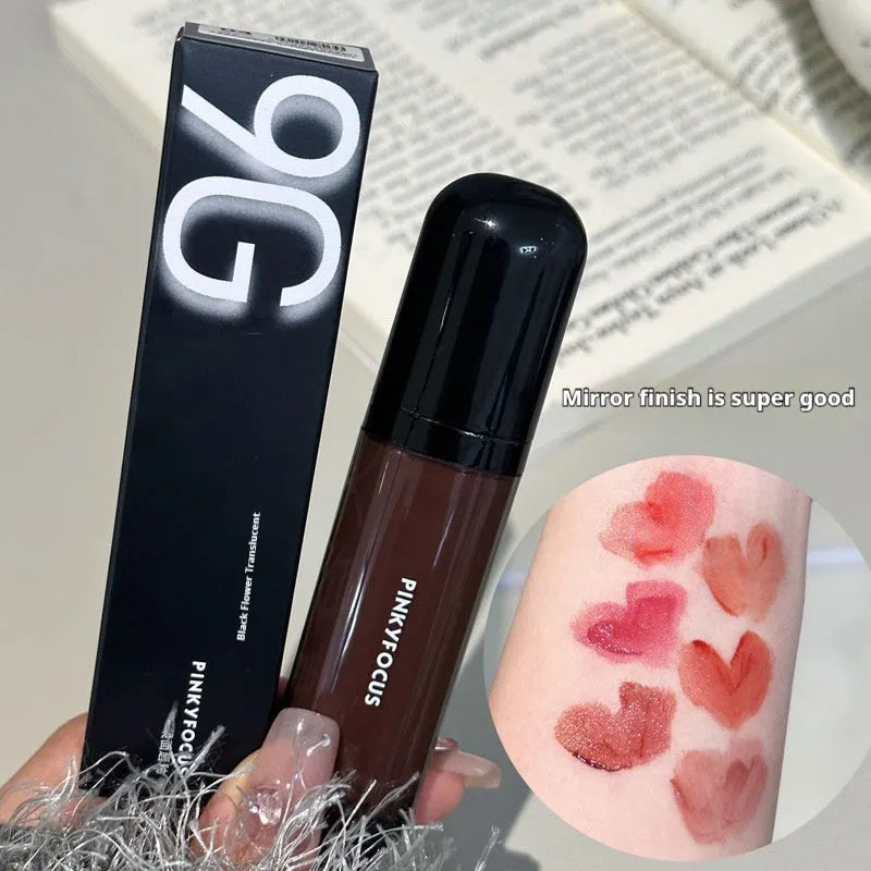 Black Shiny Makeup Mirror Lip Lacquer set showing six shades: black tomato, orange brown, bean paste, rose, red, and sweet potato.