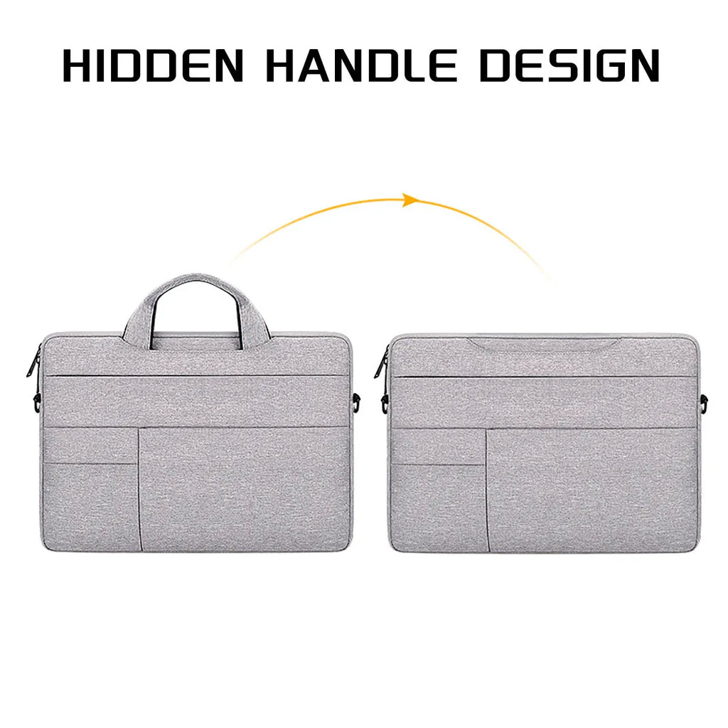 Water-repellent laptop carrying case in Black, with luggage strap and shoulder strap, for 13.3 to 15.6 inch laptops.