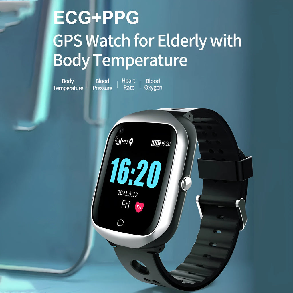 Square dial phone watch for elderly with silicone strap and 1.3-inch screen in black, blue or silver colours