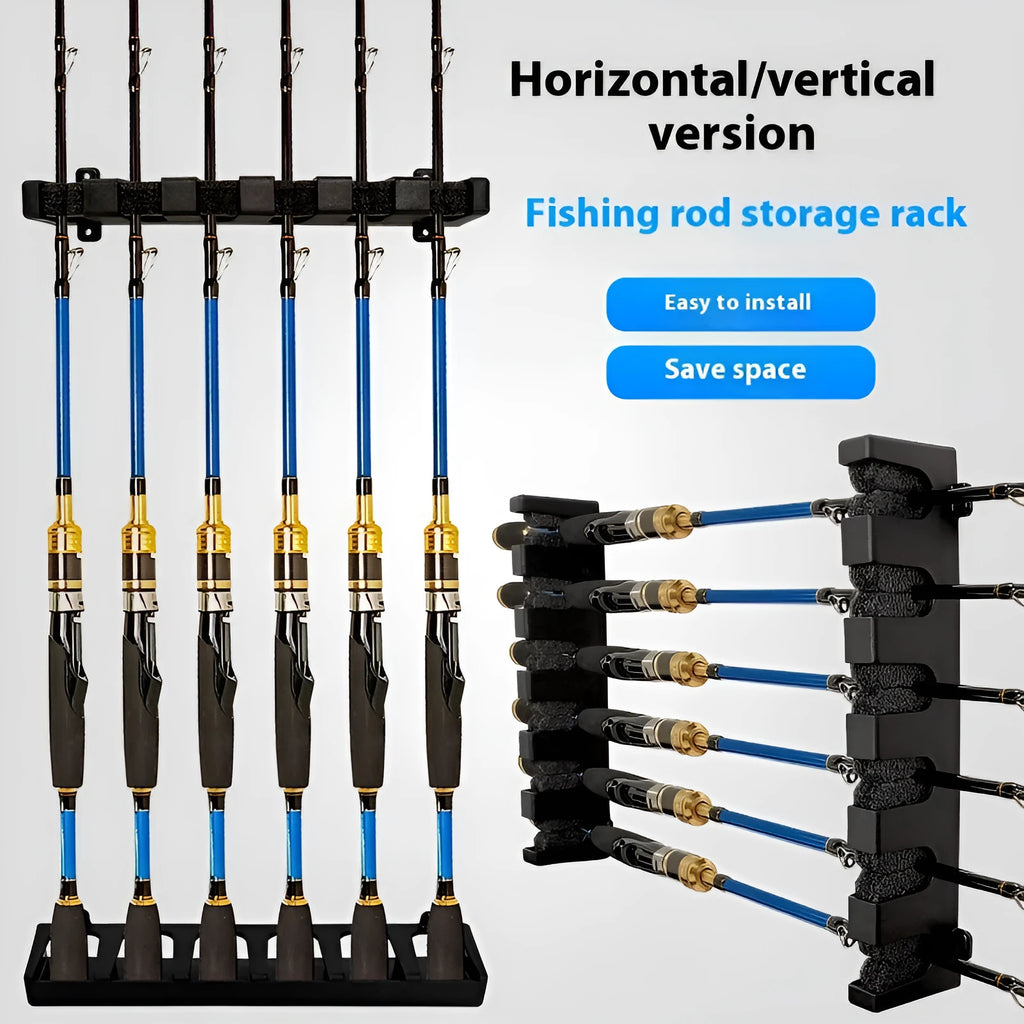 Black wall-mounted fishing rod storage rack in ABS plastic with vertical and horizontal mounting options