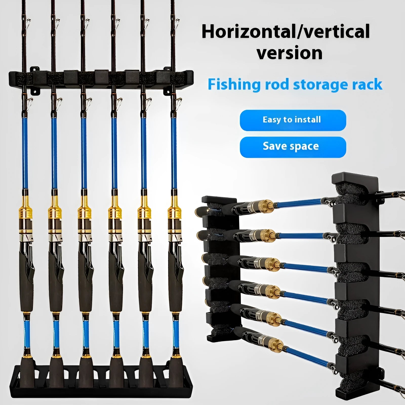Black wall-mounted fishing rod storage rack in ABS plastic with vertical and horizontal mounting options
