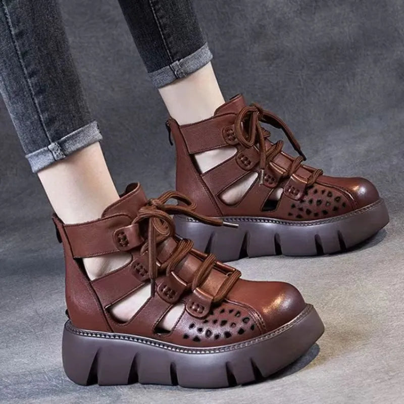 Women's black platform sandals with hollow hole design in soft cowhide leather with PU sole