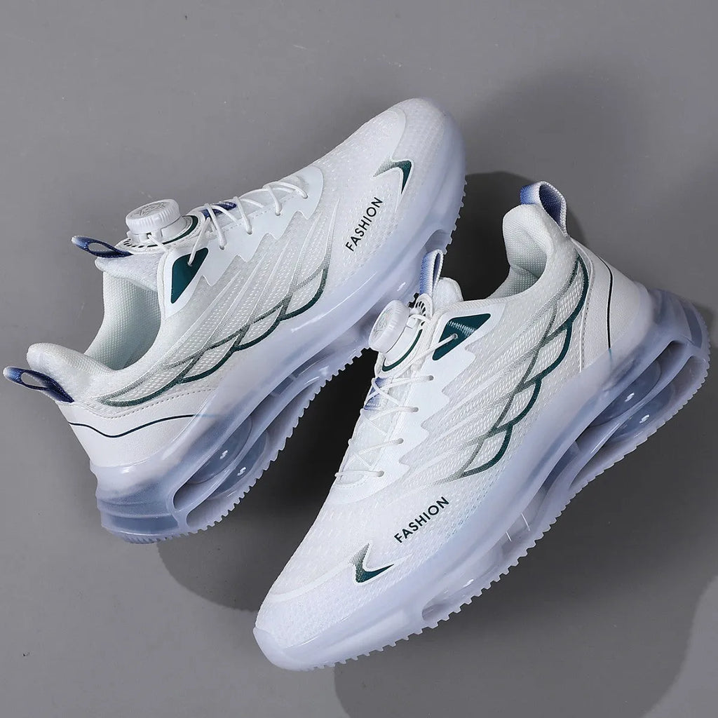 White men's casual shoes with rotating button lace system and mesh upper