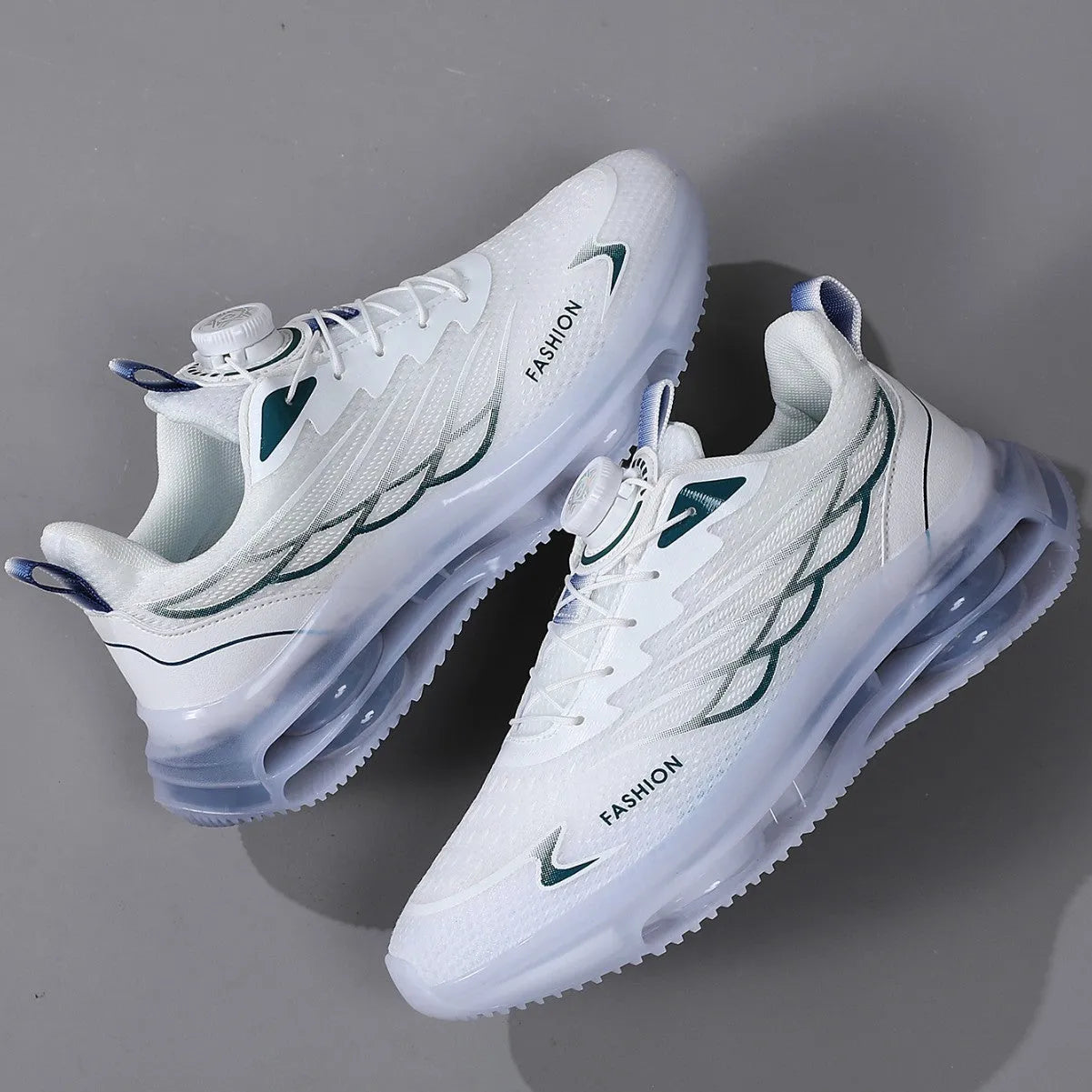 White men's casual shoes with rotating button lace system and mesh upper