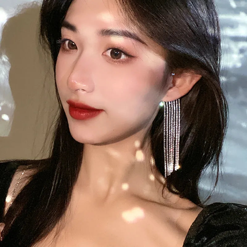 Geometric long tassel earrings in alloy with 14K real gold plated finish on ear hook