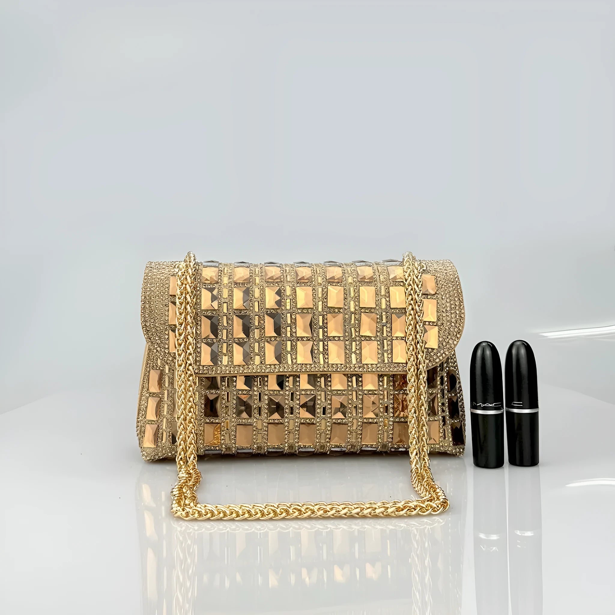 Shiny glass rhinestone chain clutch in horizontal square PU shape with black colour and open pocket
