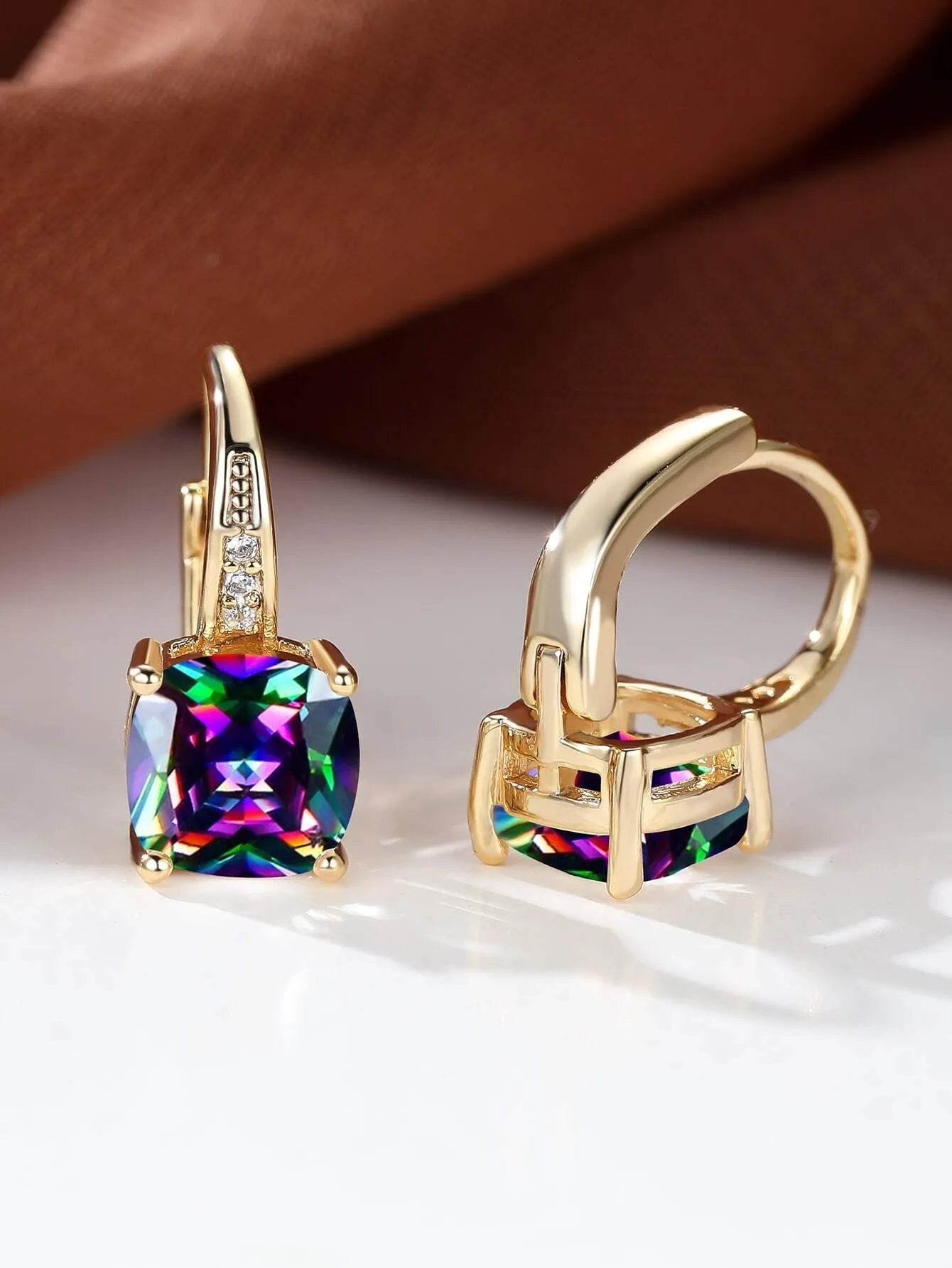 Square geometric ear clip with colourful moissanite inlays in gold electroplated finish