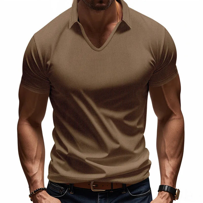 Men's loose fit V-neck short sleeve T-shirt in cotton blend fabric shown in apricot colour