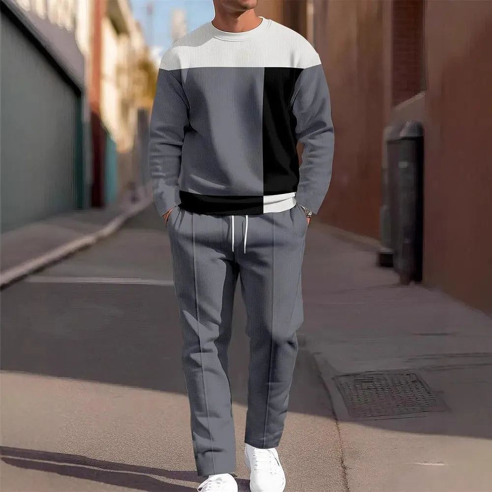 Fashion men's casual sporty round neck sweatshirt and pants two-piece set with printed letters, polyester fabric, long sleeves, street trendsetter style