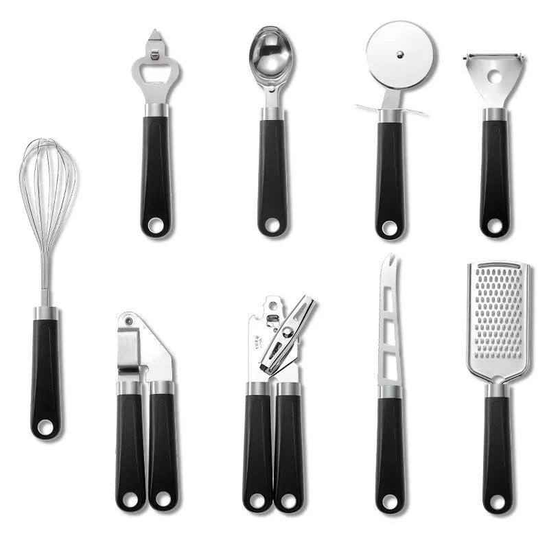 Set of nine stainless steel kitchen utensils with plastic handles in green, black, black and red, and black and green colour options on a light background