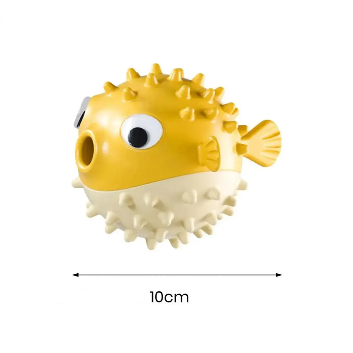 Yellow vinyl fish-shaped dog chew toy with textured surface for dental care