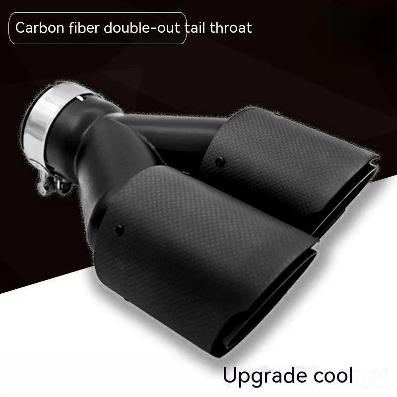 Black carbon fibre car exhaust pipe with two-tail-one-nozzle silencer design and double outlet configuration