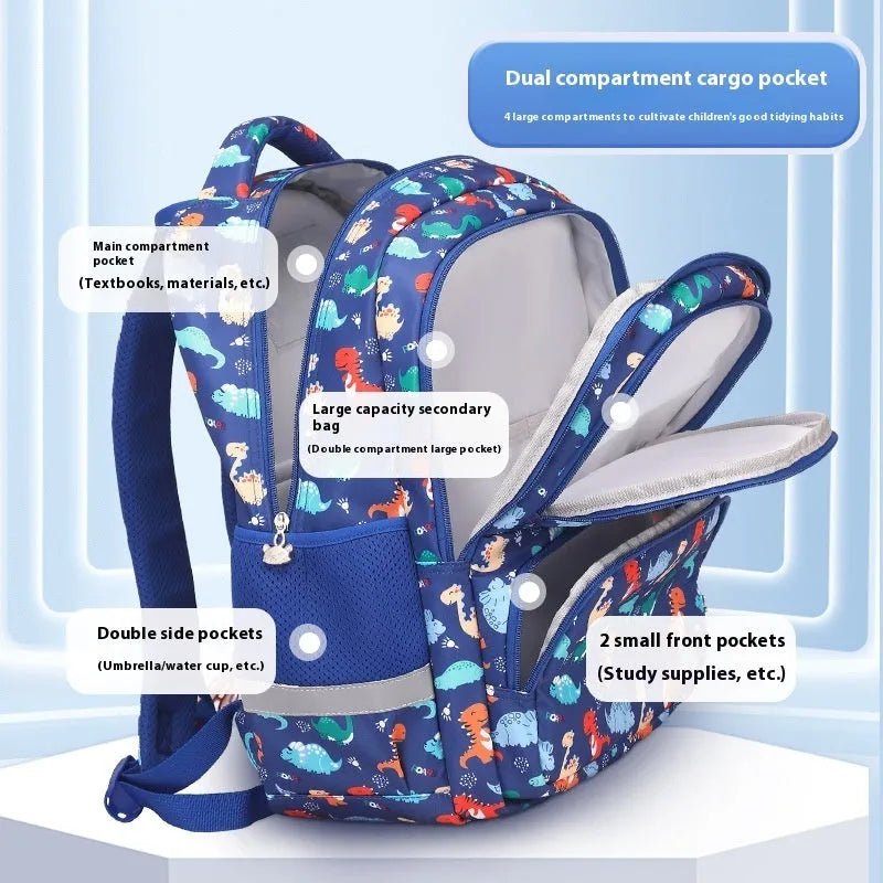 Blue dinosaur print waterproof Oxford cloth children's school backpack with curved shoulder straps.