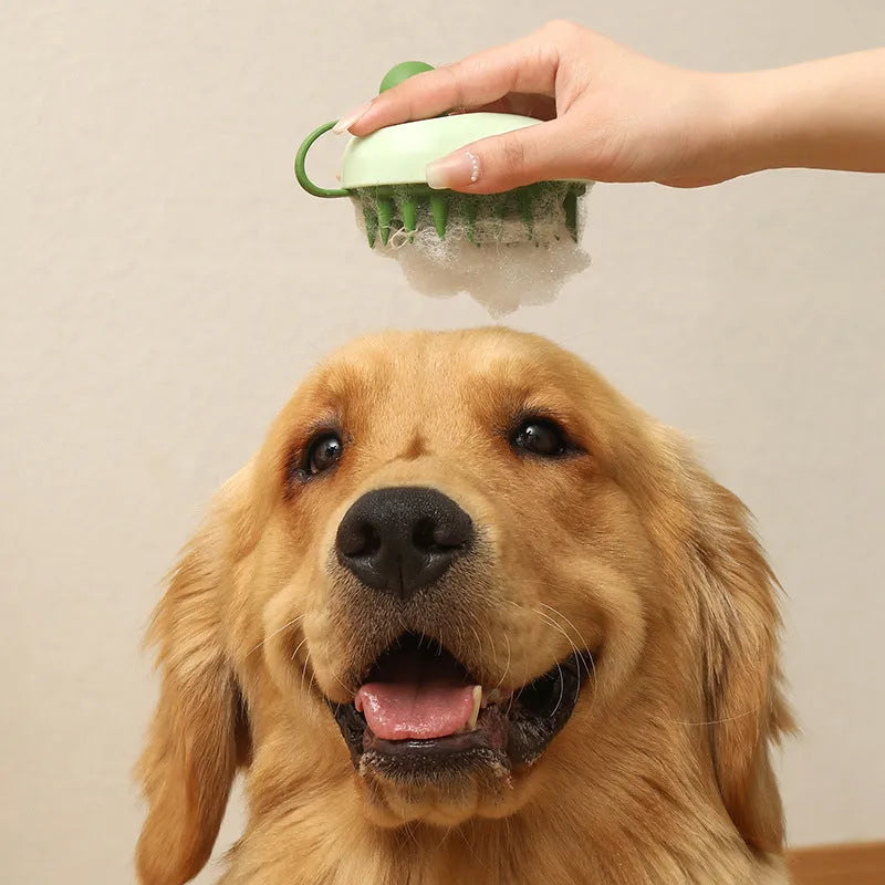 Soft silicone dog bath brush in handheld design with flexible bristles for hair removal and shampoo massage