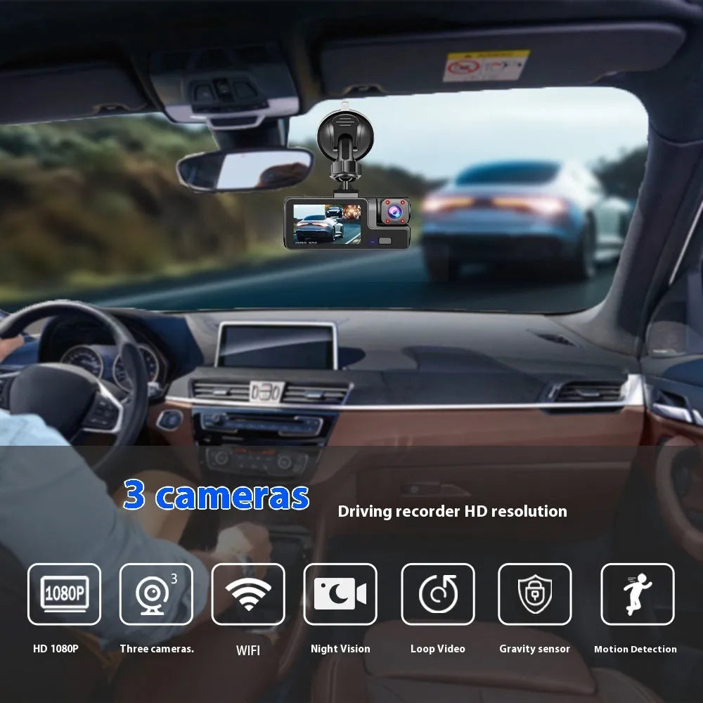 Wifi car driving recorder with 2.0 inch screen showing reversing camera display on dashboard