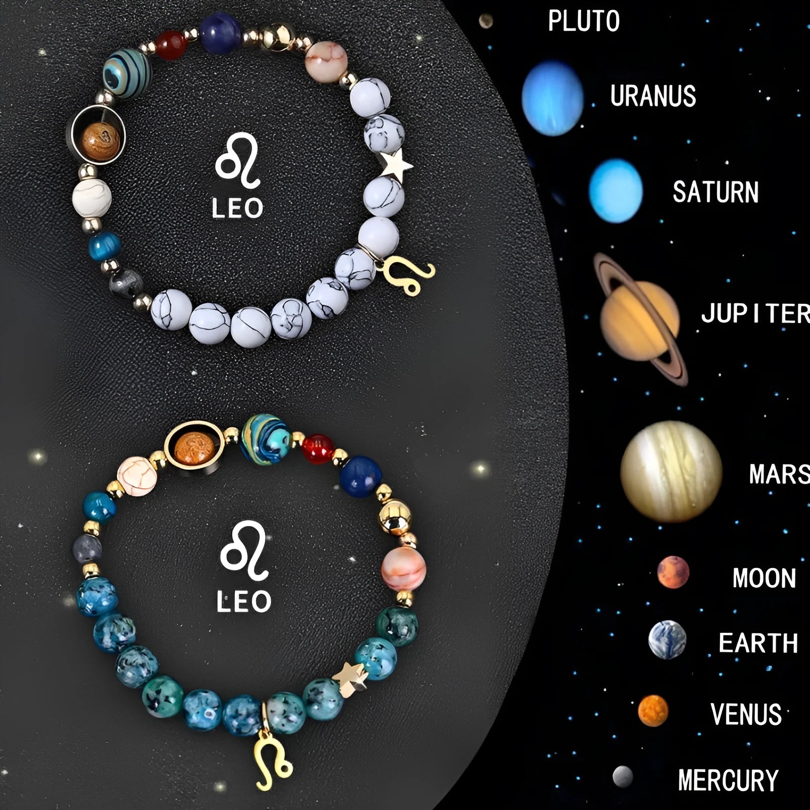 Set of twelve natural stone beaded bracelets featuring zodiac sign designs