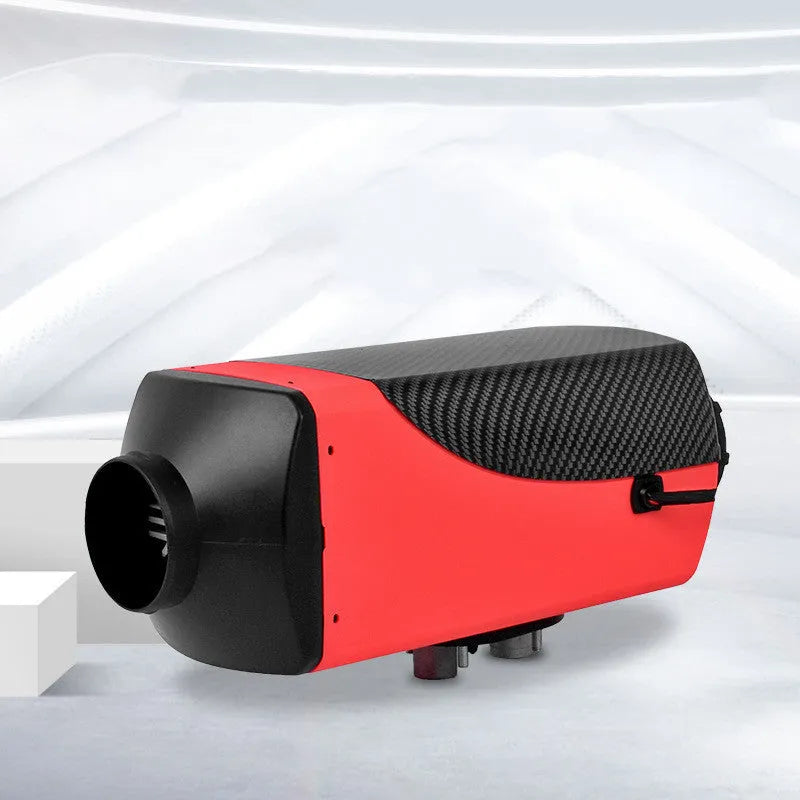 Red and black 12V 24V diesel air heater kit with fuel tank and installation components for vehicle cabin heating.