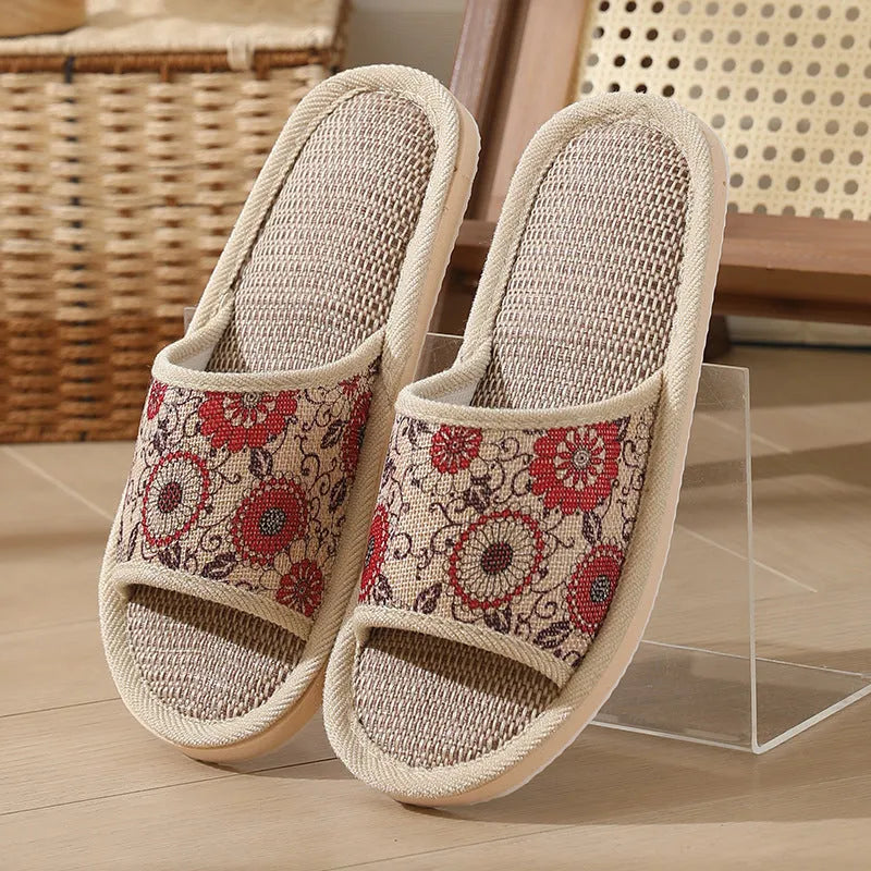Women's open-toe linen slippers in various colours with thickening sole