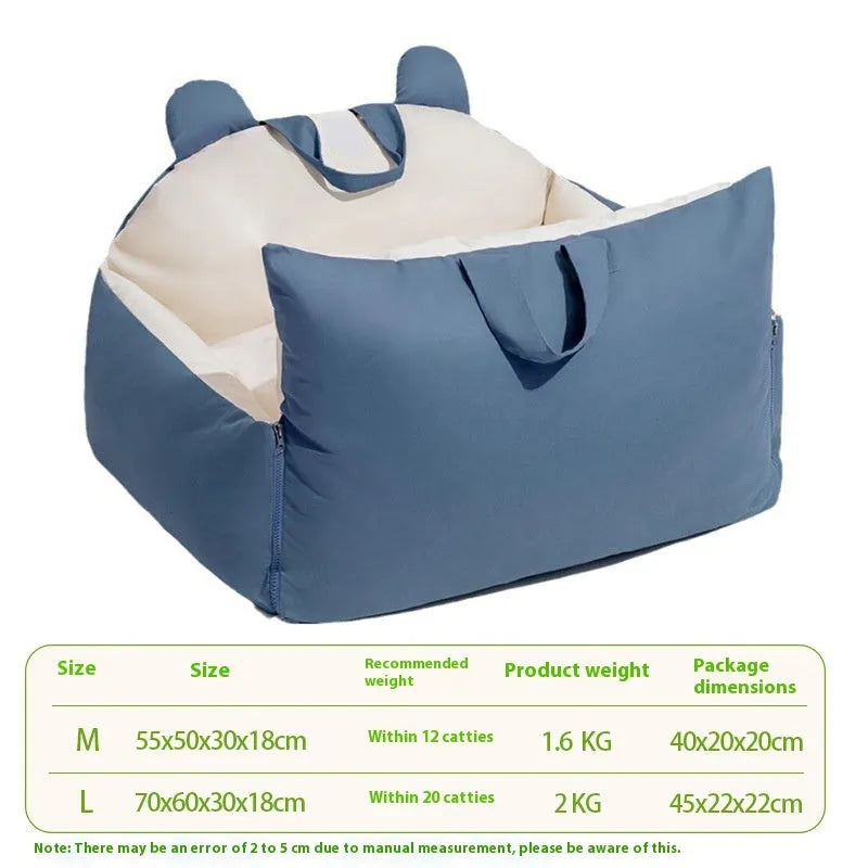 Universal removable washable dog car kennel in blue beige colour, shown in L size 70x60x30cm