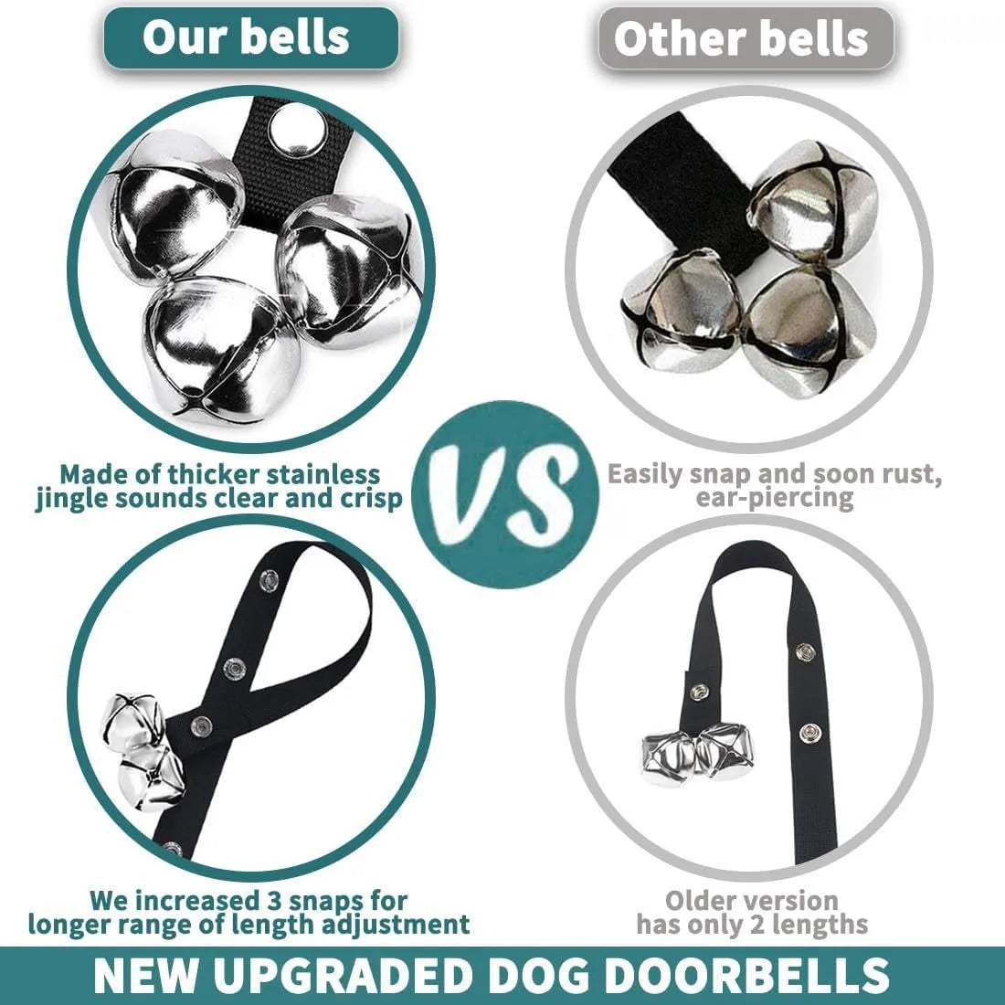Premium dog training doorbell with seven silver metal bells on adjustable nylon strap