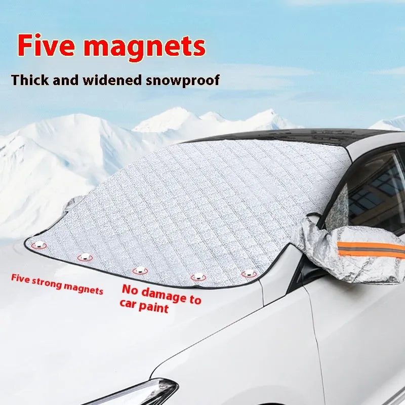 Large luxury SUV front windshield winter cover made of aluminium foil with reflective stripes and five magnets.