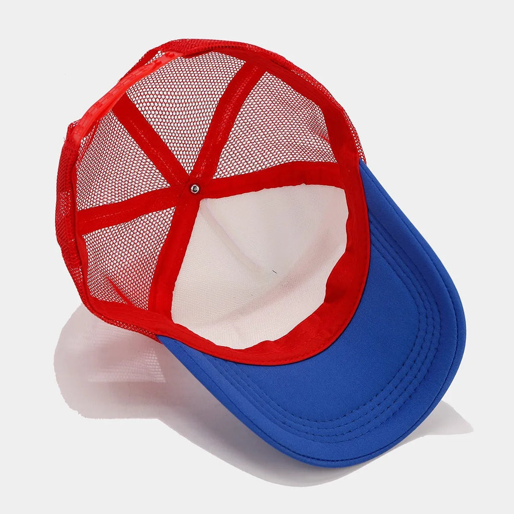 Red and blue dome-crown baseball cap with adjustable strap and breathable mesh design