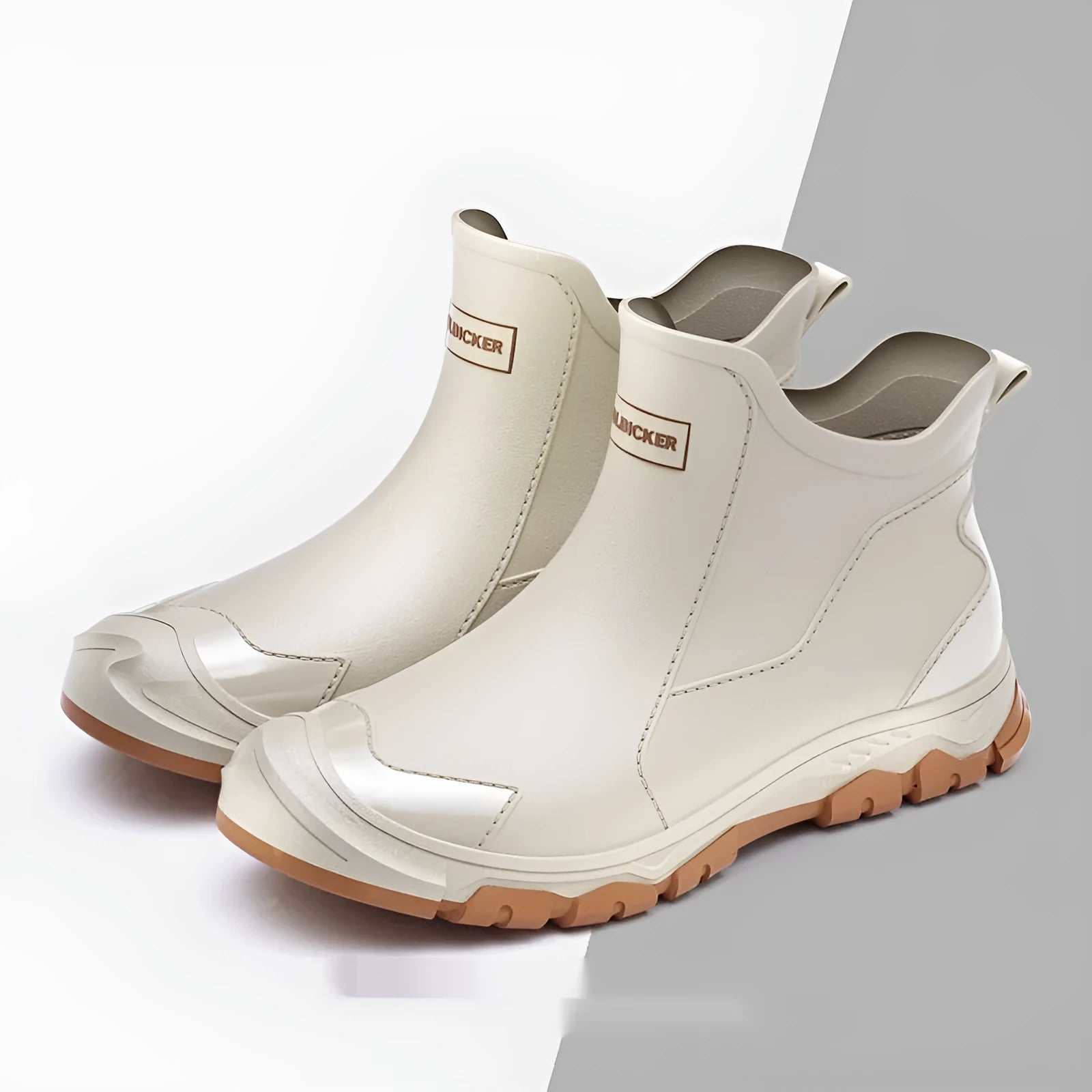 Korean style short tube PVC rain boots in black and red with non-slip rubber soles