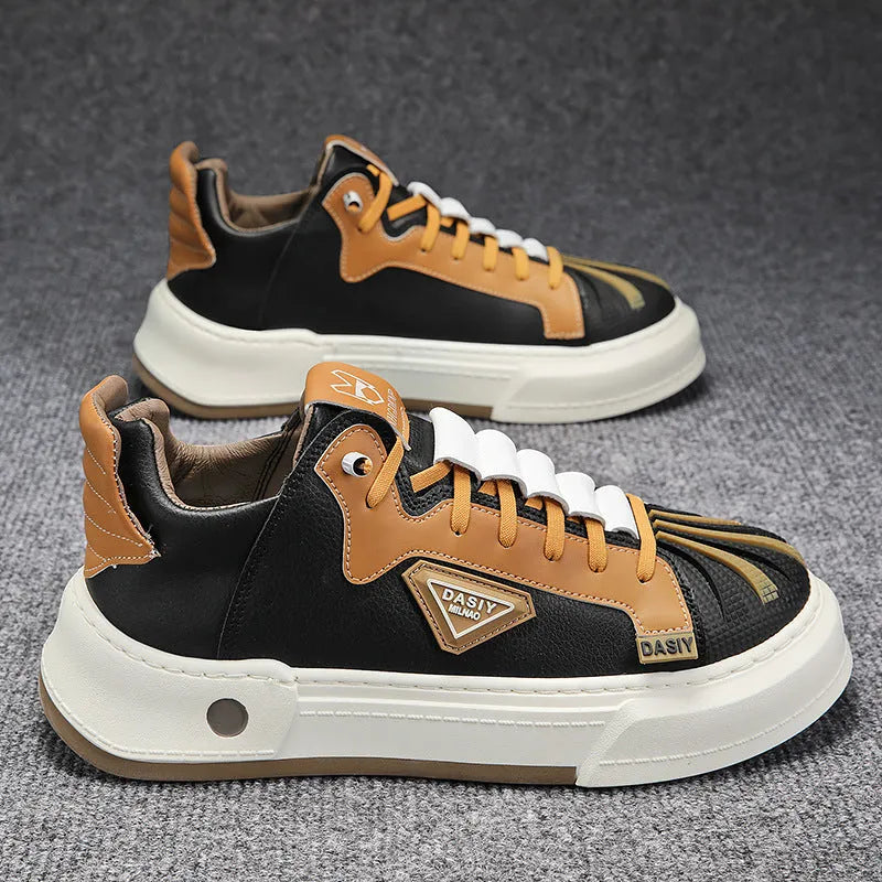 Men's beige low-top casual sneakers with an elastic band fastener and round toe.