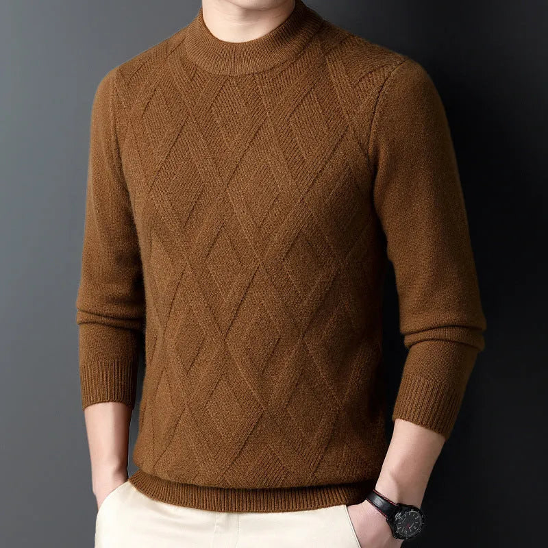 Men's diamond jacquard winter wool sweater in light camel colour, plus size thermal pullover
