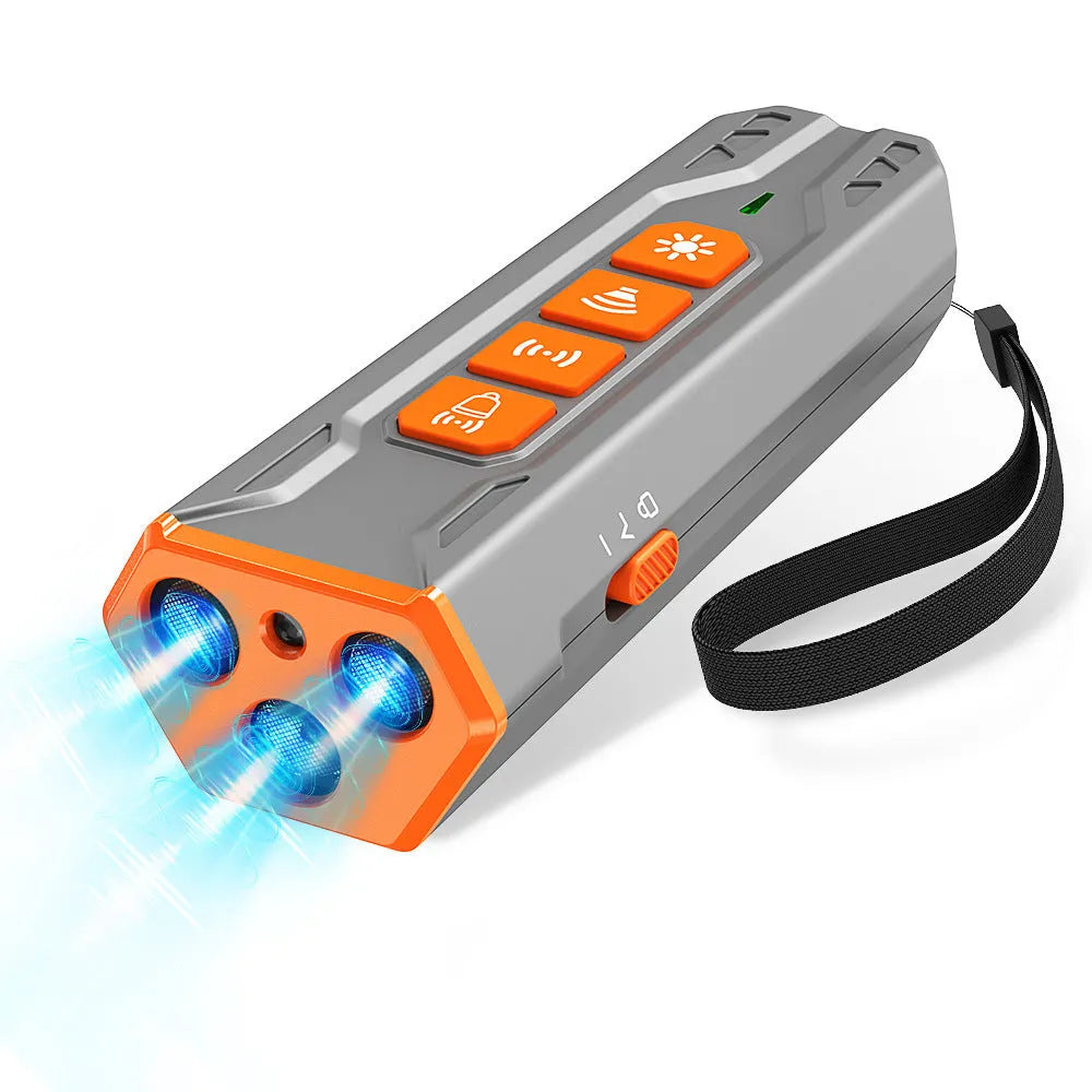 Three head ultrasonic dog trainer in black and orange colour with adjustable frequency controls