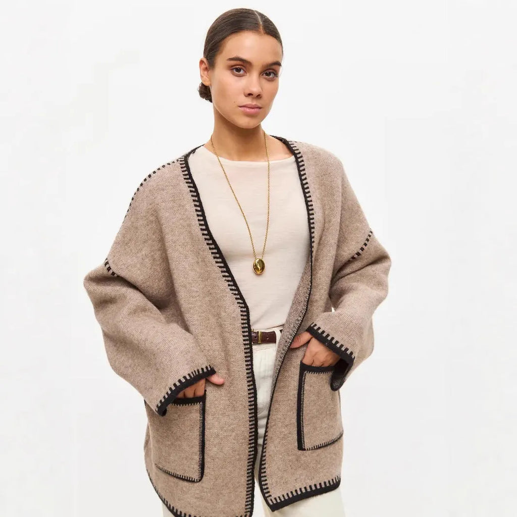 Lace-up front imitation cashmere knitted cardigan in loose mid-length fit showing black, camel, and white colour options