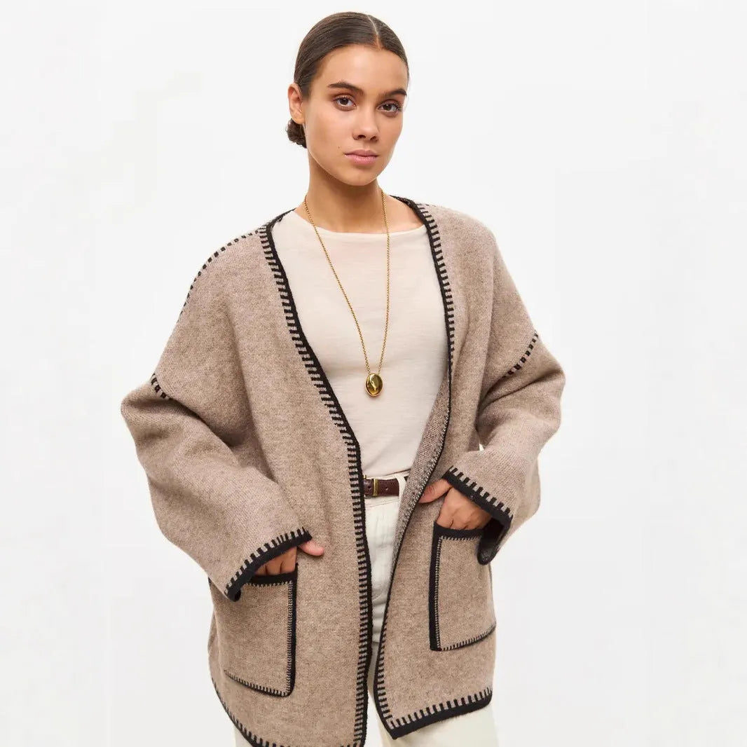 Lace-up front imitation cashmere knitted cardigan in loose mid-length fit showing black, camel, and white colour options
