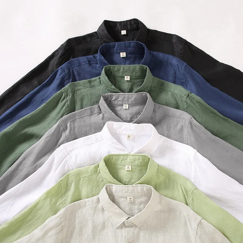 Long sleeve loose fit linen shirt in a solid colour, styled as a Chinese cardigan.