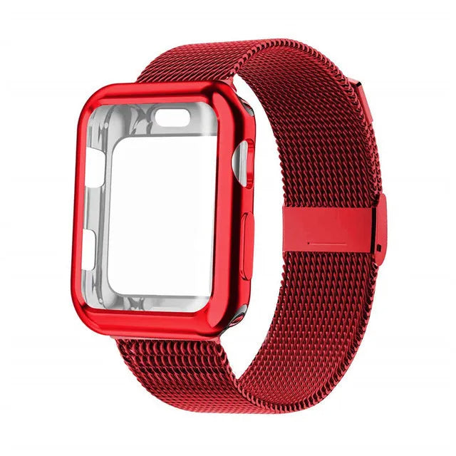 Magnetic metal Milanese loop band for Apple Watch with protective case, shown in silver colour.