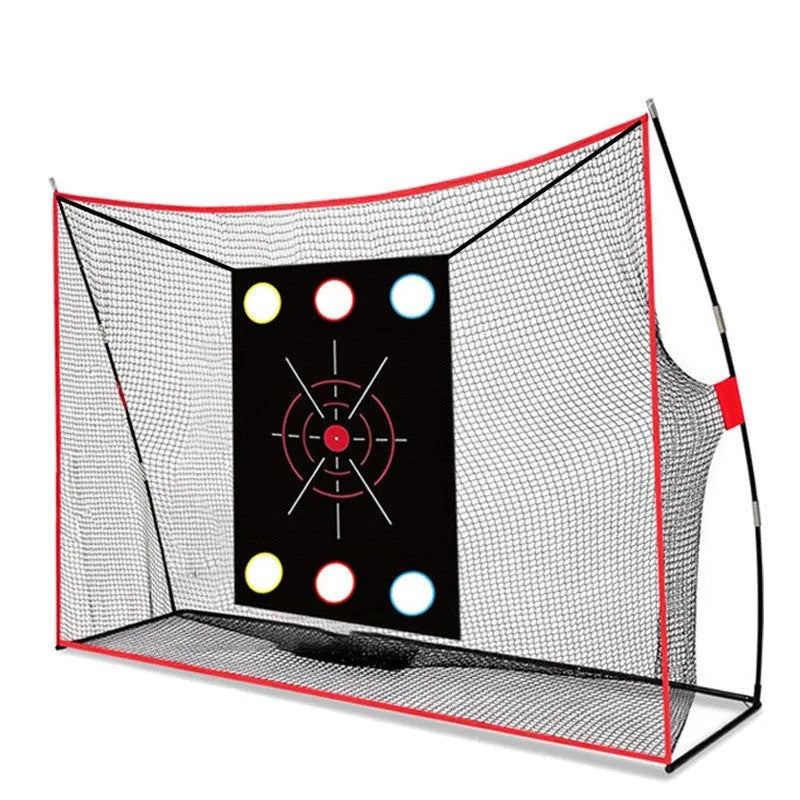 Golf swing wedge training net with 3-hole cross design and straw hitting mat